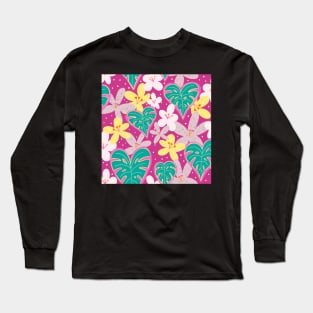 Monstera hearts and tropical florals on magenta Long Sleeve T-Shirt